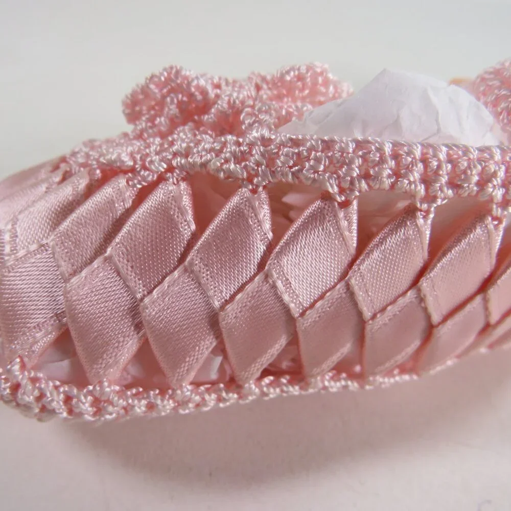 Baby Pink Ribbon Embroidered & Crocheted Shoes Newborn 3 3/4